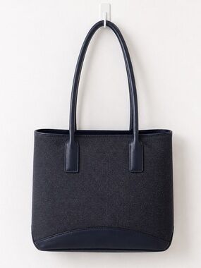 Navy Textured Tote Bag with Leather Accents
